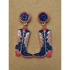 Cowgirl Boot Earrings Patriotic Red White Blue Pink Sparkle Dangle Western